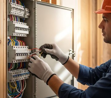 Residential Electrical Services expert checking electrical panel for overload protection