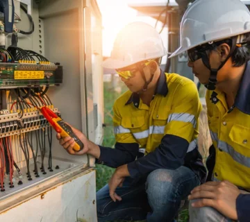 Electricians performing electrical services while inspecting and testing an industrial control panel with safety gear in an outdoor setting 