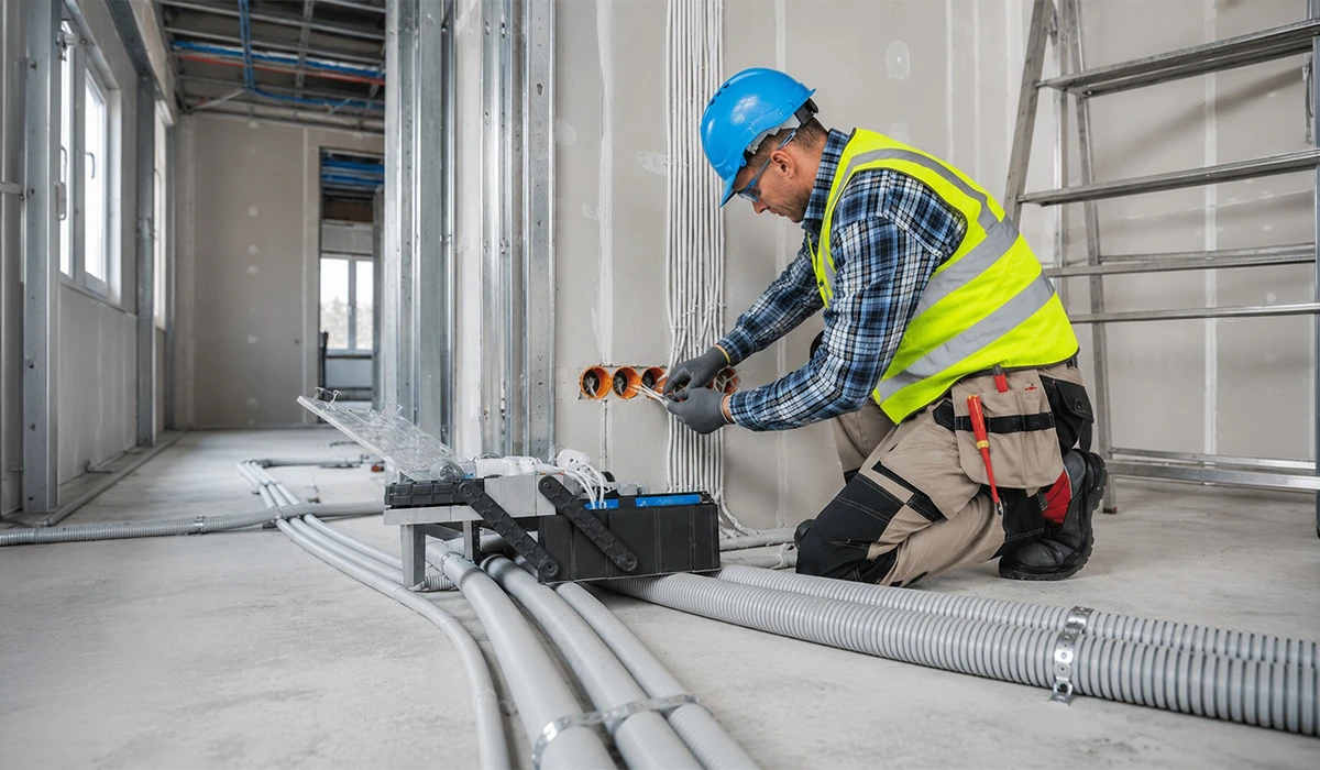 MEP companies technician installing electrical conduits and wiring systems at a commercial construction site wearing safety equipment