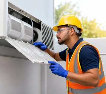 Professional technician performing AC installation and maintenance on an air conditioning unit while wearing safety gear and inspecting the system for efficient cooling performance 