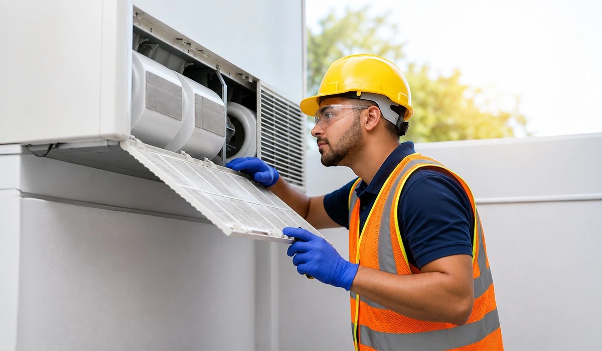 Lumens MEP Professional technician performing AC installation and maintenance on an air conditioning unit while wearing safety gear and inspecting the system for efficient cooling performance