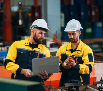 Electro mechanical company in UAE engineers inspecting industrial equipment and reviewing technical operations inside a modern manufacturing facility 