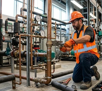 Professional plumber inspecting industrial piping as part of a plumbing service contract