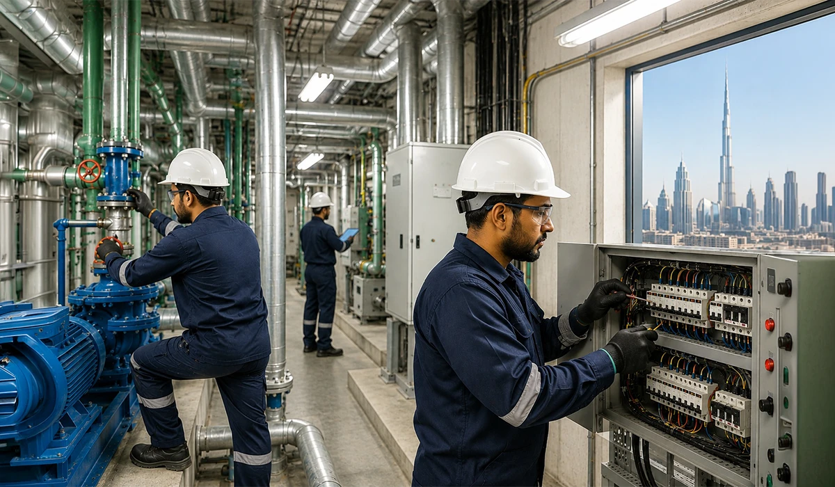 Professional MEP Maintenance Company in Dubai carrying out preventive maintenance on electrical and mechanical building systems 