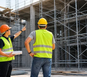 MEP contractors in UAE assessing a building project under construction, ensuring proper integration of mechanical, electrical, and plumbing systems 