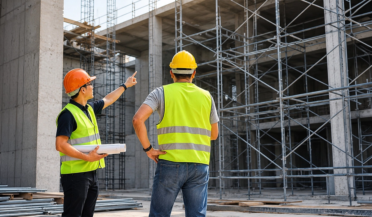 Lumens MEP MEP contractors in UAE assessing a building project under construction, ensuring proper integration of mechanical, electrical, and plumbing systems