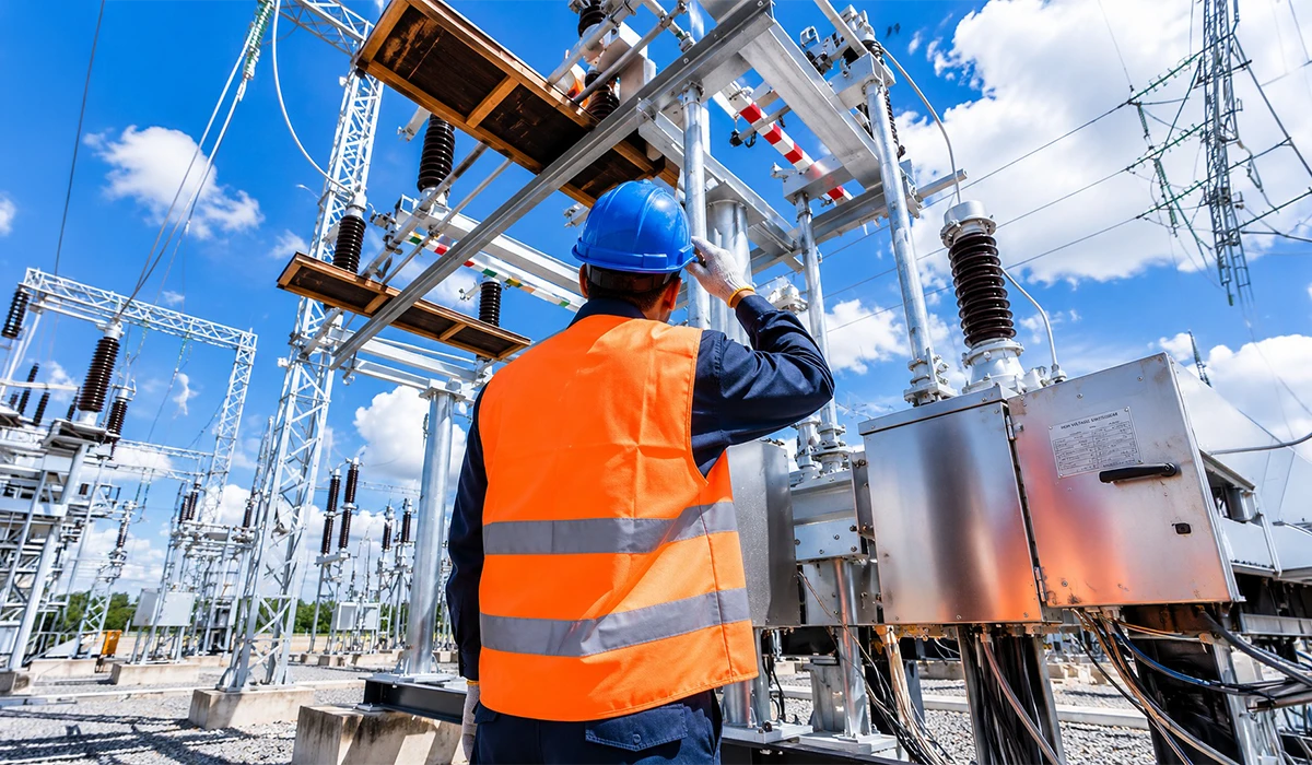Electrical engineer from Electrical Contractors in UAE inspecting substation equipment and power systems