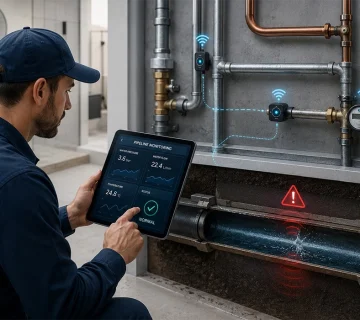 Plumbing Maintenance Company technician using smart monitoring technology to detect hidden pipe leaks and monitor system performance 