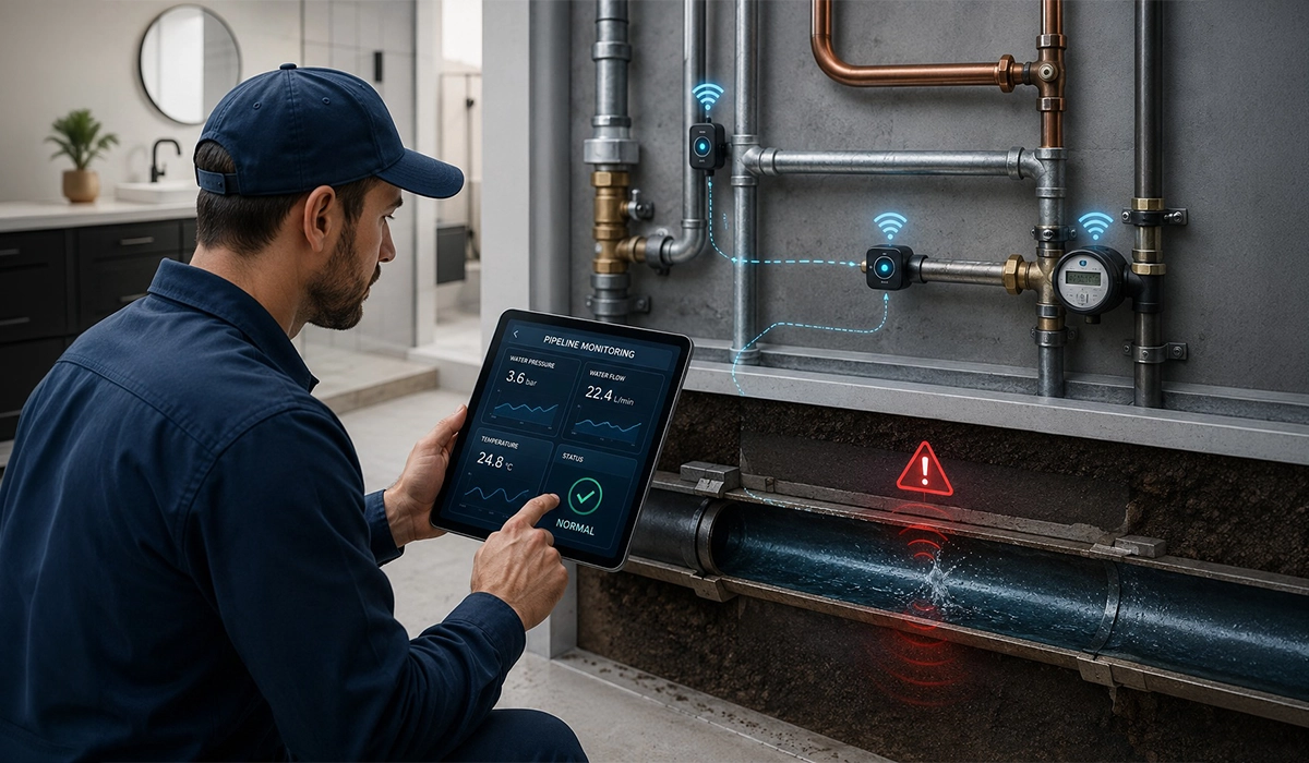 Plumbing Maintenance Company technician using smart monitoring technology to detect hidden pipe leaks and monitor system performance 