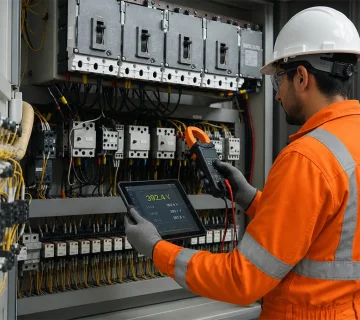 Electrical Company technician inspecting an industrial electrical control panel with advanced diagnostic equipment