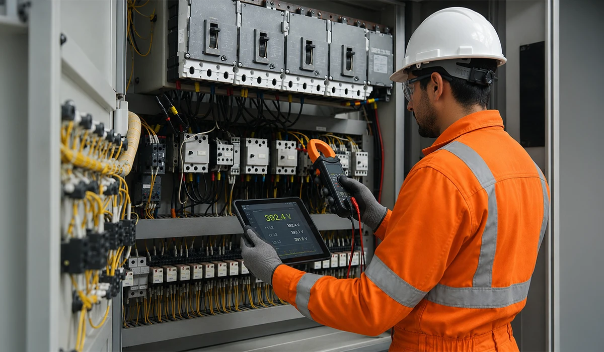 Lumens MEP Electrical Company technician inspecting an industrial electrical control panel with advanced diagnostic equipment