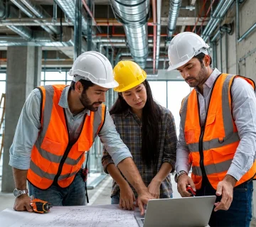 MEP in Building Construction engineers reviewing mechanical, electrical, and plumbing plans at a modern commercial project