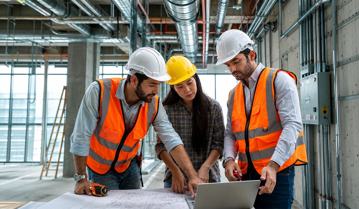 Lumens MEP MEP in Building Construction engineers reviewing mechanical, electrical, and plumbing plans at a modern commercial project
