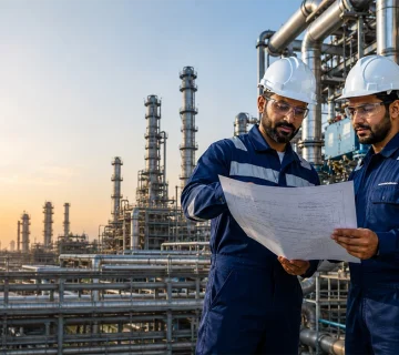 Engineers from Electromechanical Contractors in UAE assessing mechanical and electrical systems in an industrial plant