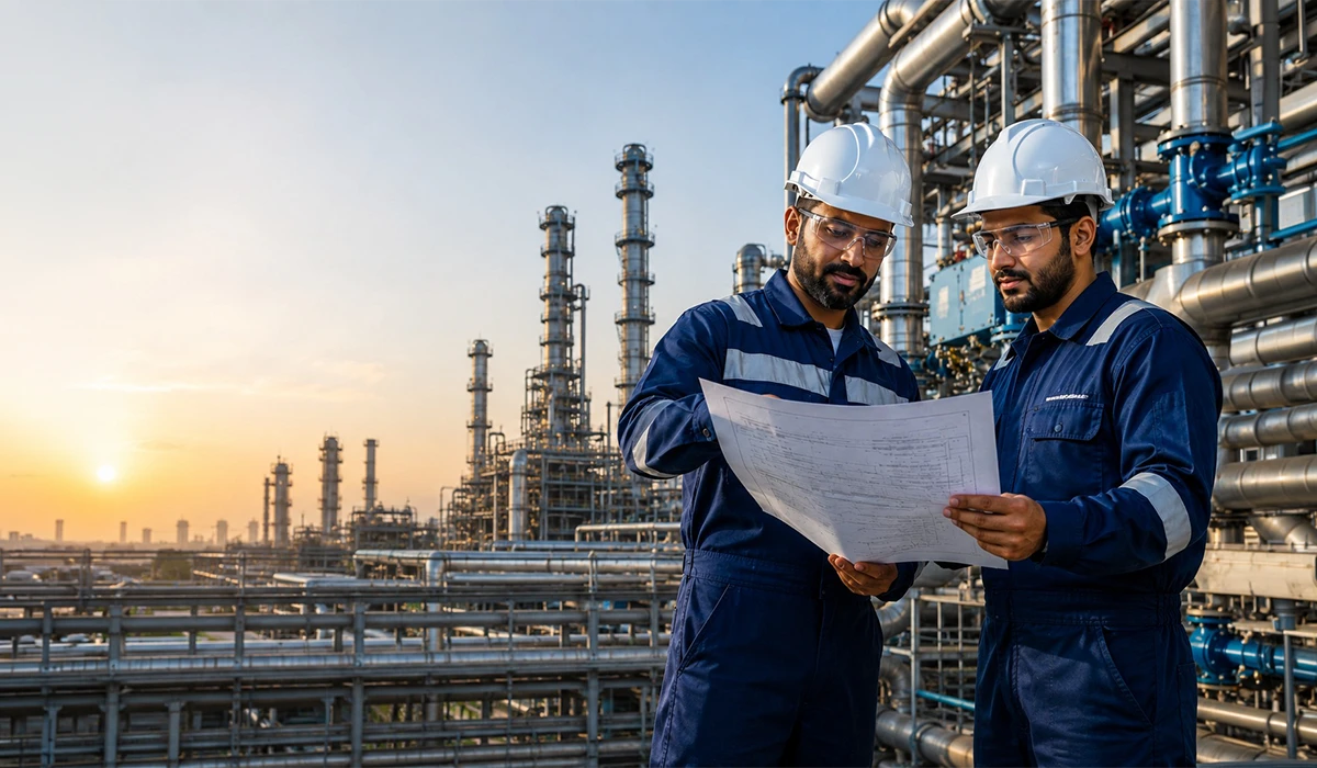 Engineers from Electromechanical Contractors in UAE assessing mechanical and electrical systems in an industrial plant