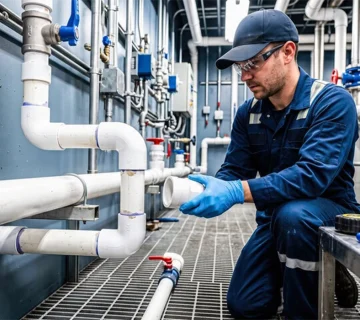 Best Plumbing Company technician inspecting plumbing pipes in a commercial facility