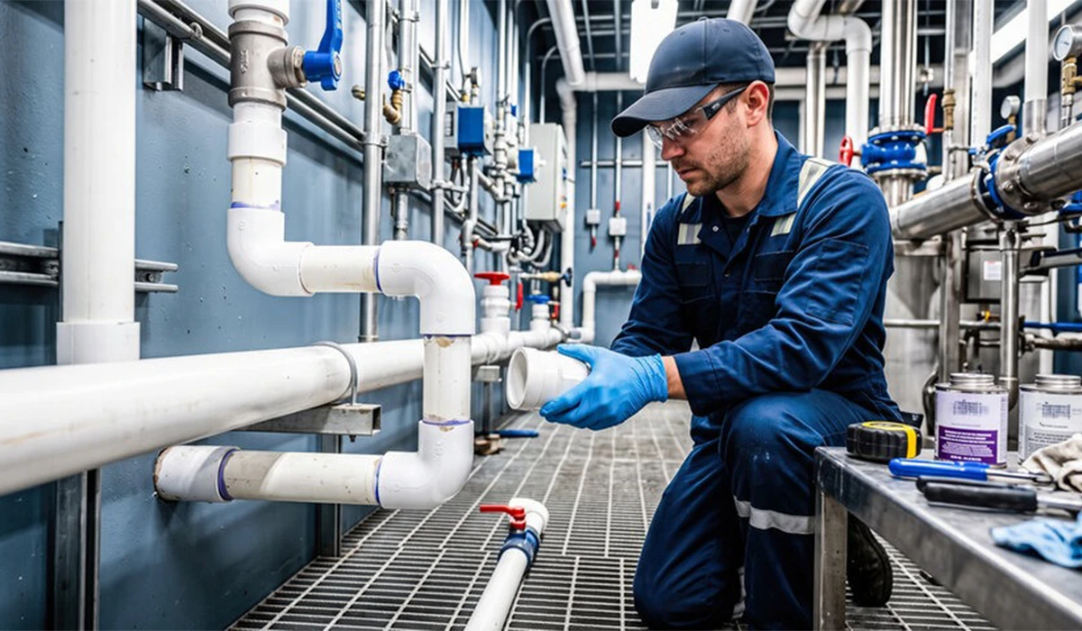 Lumens MEP Best Plumbing Company technician inspecting plumbing pipes in a commercial facility