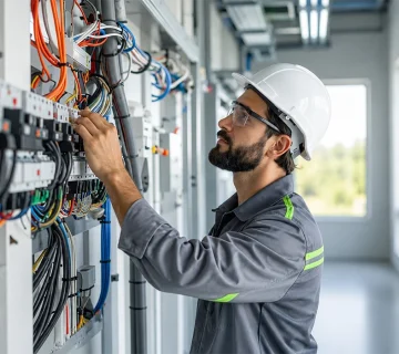 Electrician performing electrical installation in UAE, working on electrical wiring, control panels, and circuit components in a modern building 