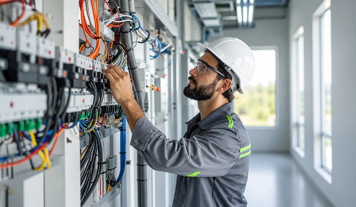 Lumens MEP Electrician performing electrical installation in UAE, working on electrical wiring, control panels, and circuit components in a modern building
