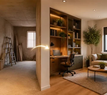 Interior renovation contractor transforming an unused space into a functional home office and living area