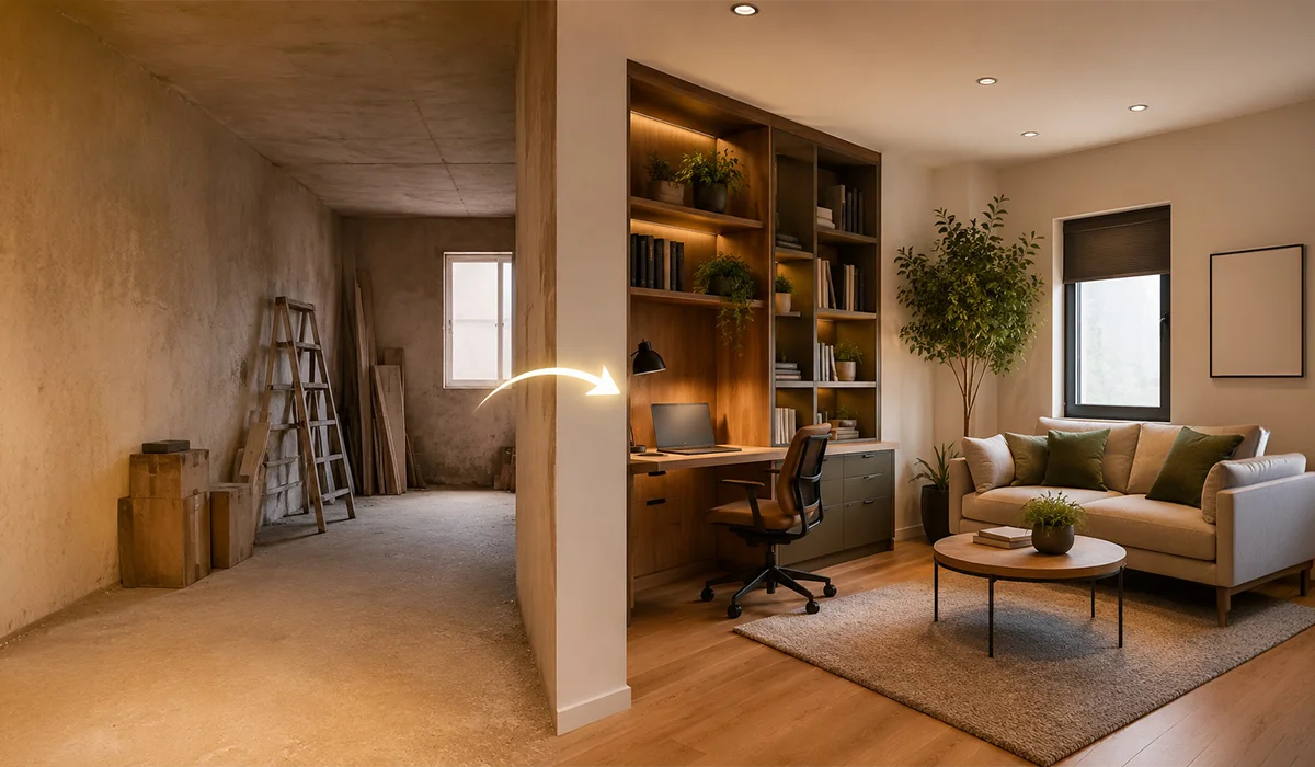 Lumens MEP Interior renovation contractor transforming an unused space into a functional home office and living area
