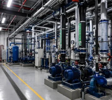 Commercial plumbing company services showing pumps, pipelines, valves and water distribution systems