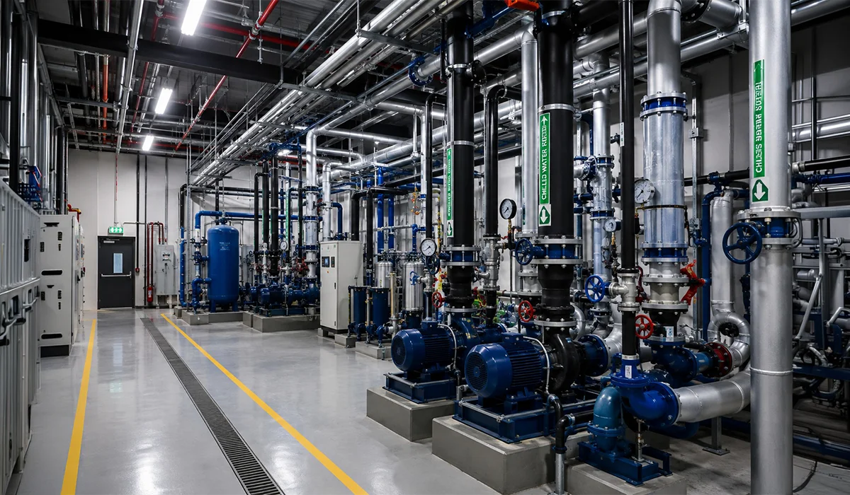 Commercial plumbing company services showing pumps, pipelines, valves and water distribution systems