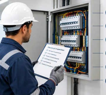 Electrical maintenance services professional inspecting an electrical panel