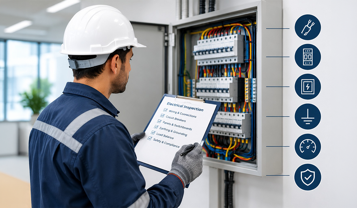 Electrical maintenance services professional inspecting an electrical panel