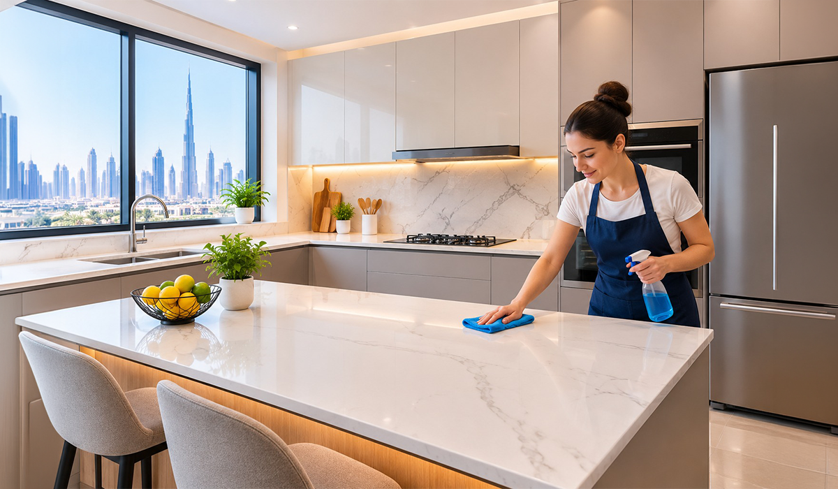 Easy maintenance kitchen renovation in Dubai with sleek cabinetry and practical work surfaces 