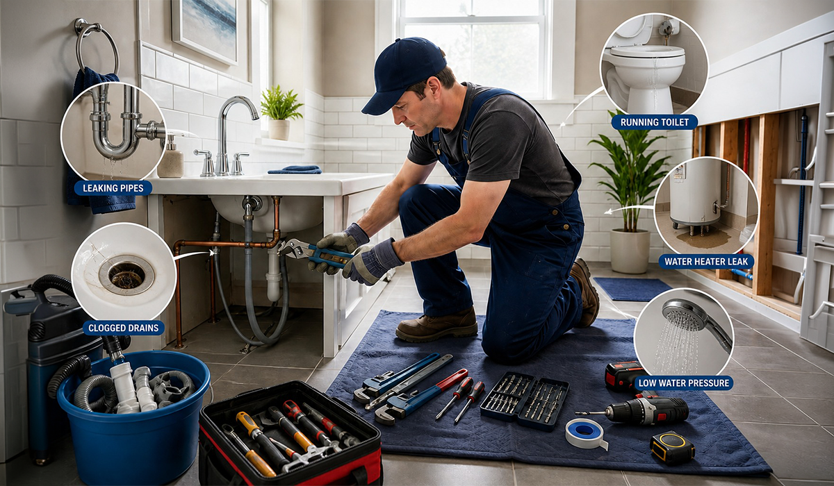 Plumbing repair services in Dubai for leaking pipes, clogged drains, running toilets, and water heater leaks
