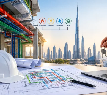 Architectural blueprints, safety helmet, and laptop showing MEP works in Dubai with colorful ceiling pipes and the Burj Khalifa skyline in the background 