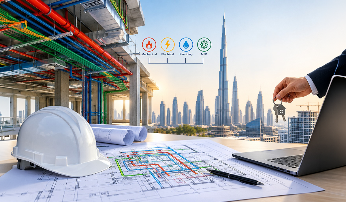 Lumens MEP Architectural blueprints, safety helmet, and laptop showing MEP works in Dubai with colorful ceiling pipes and the Burj Khalifa skyline in the background