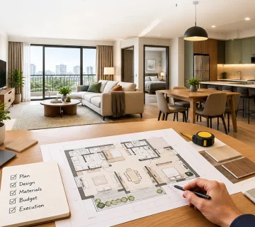 Apartment renovation company Dubai planning a cohesive apartment renovation with floor plans, materials and interior design 