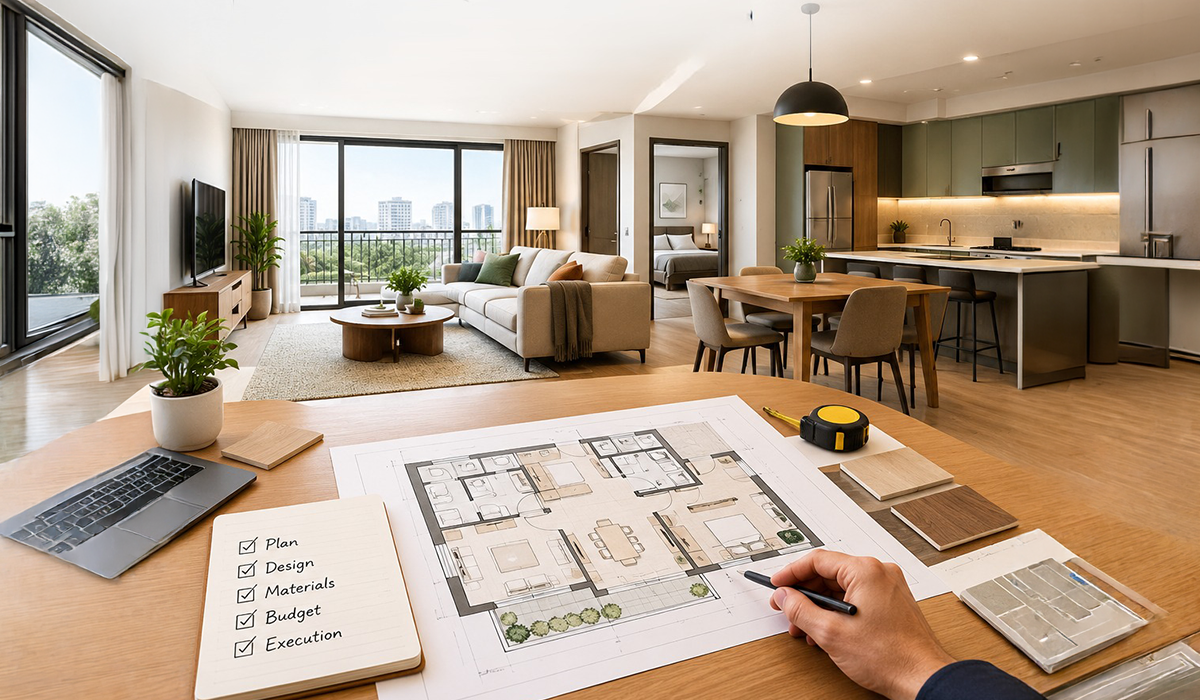 Apartment renovation company Dubai planning a cohesive apartment renovation with floor plans, materials and interior design 