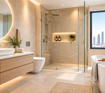 Bathroom Renovation in Dubai with modern vanity, glass shower and freestanding bathtub