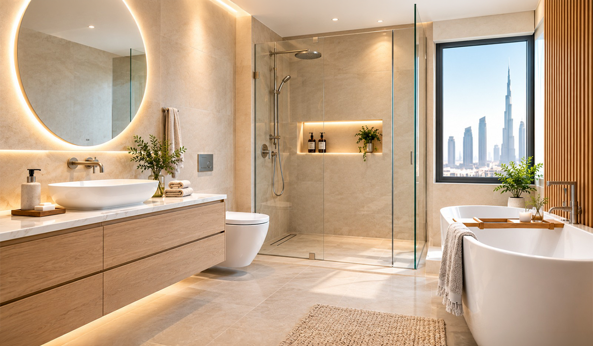 Bathroom Renovation in Dubai with modern vanity, glass shower and freestanding bathtub