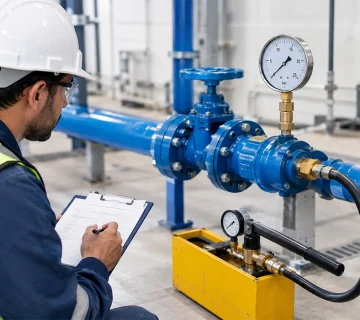 Plumbing pressure testing with pressure gauge and pipework inspection by a technician