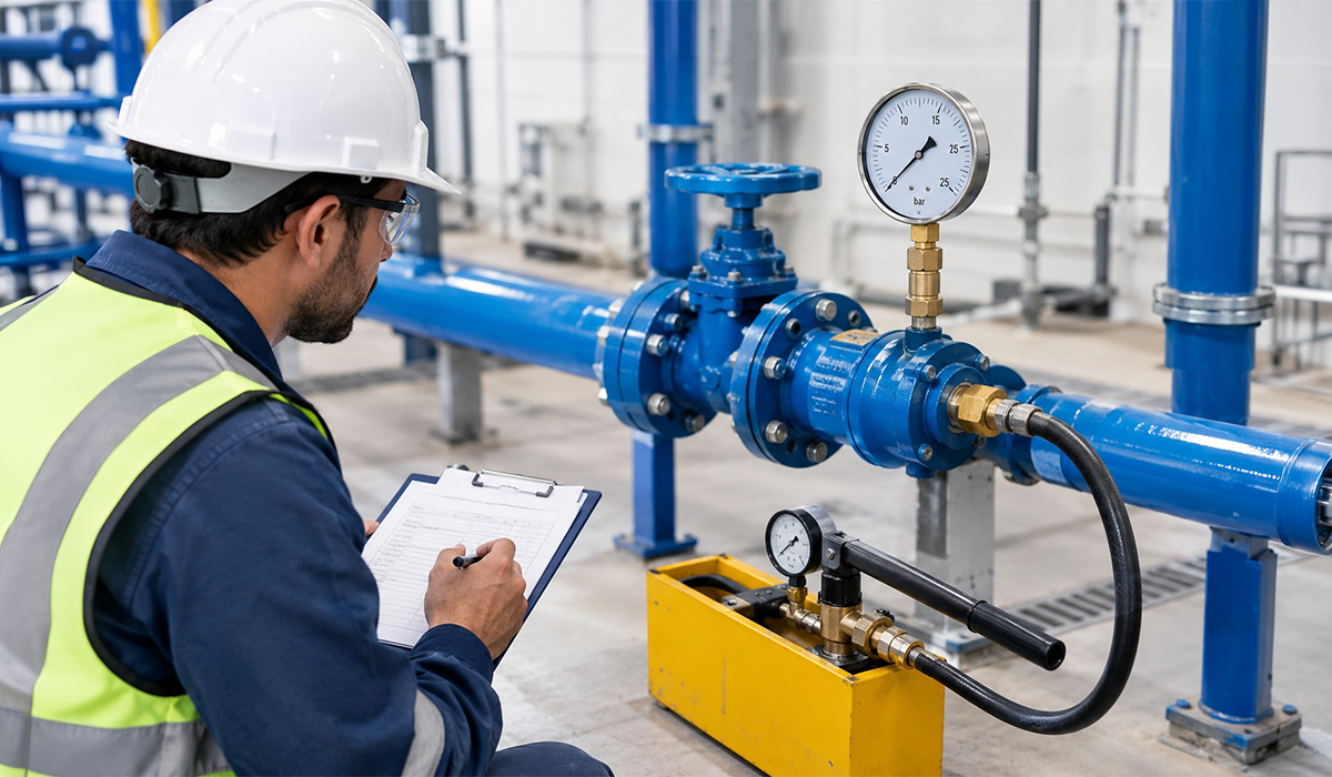 Plumbing pressure testing with pressure gauge and pipework inspection by a technician