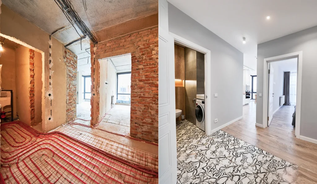 Renovation Services in Dubai: How to Modernise Existing Properties Without a Complete Overhaul Before and after interior renovation showcasing professional renovation services in Dubai, featuring underfloor heating installation, exposed brickwork, electrical and plumbing work, and a fully renovated modern apartment with elegant patterned floor tiles, wooden flooring, and contemporary interiors