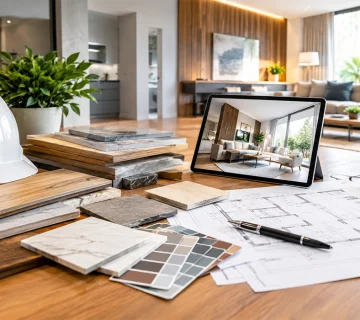 Renovation planning with material samples, floor plans and interior design ideas