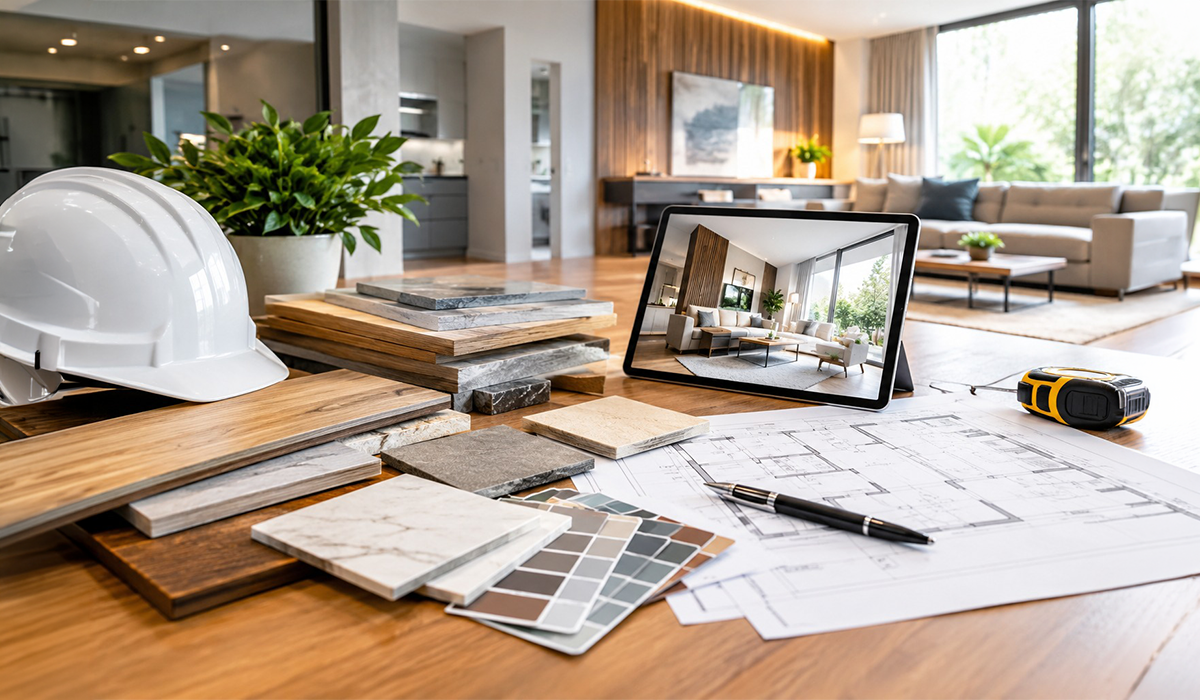 Renovation planning with material samples, floor plans and interior design ideas