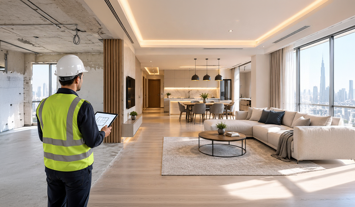 Renovation Services in Dubai with a professional inspecting a modern apartment renovation 